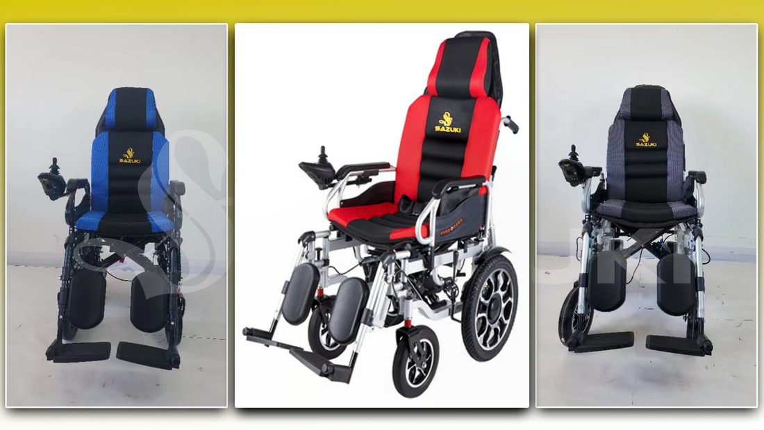 Ba màu xe lăn điện ngả nằm trưng bày: xanh dương, đỏ và xám, có tựa đầu và gác chân nâng hạ