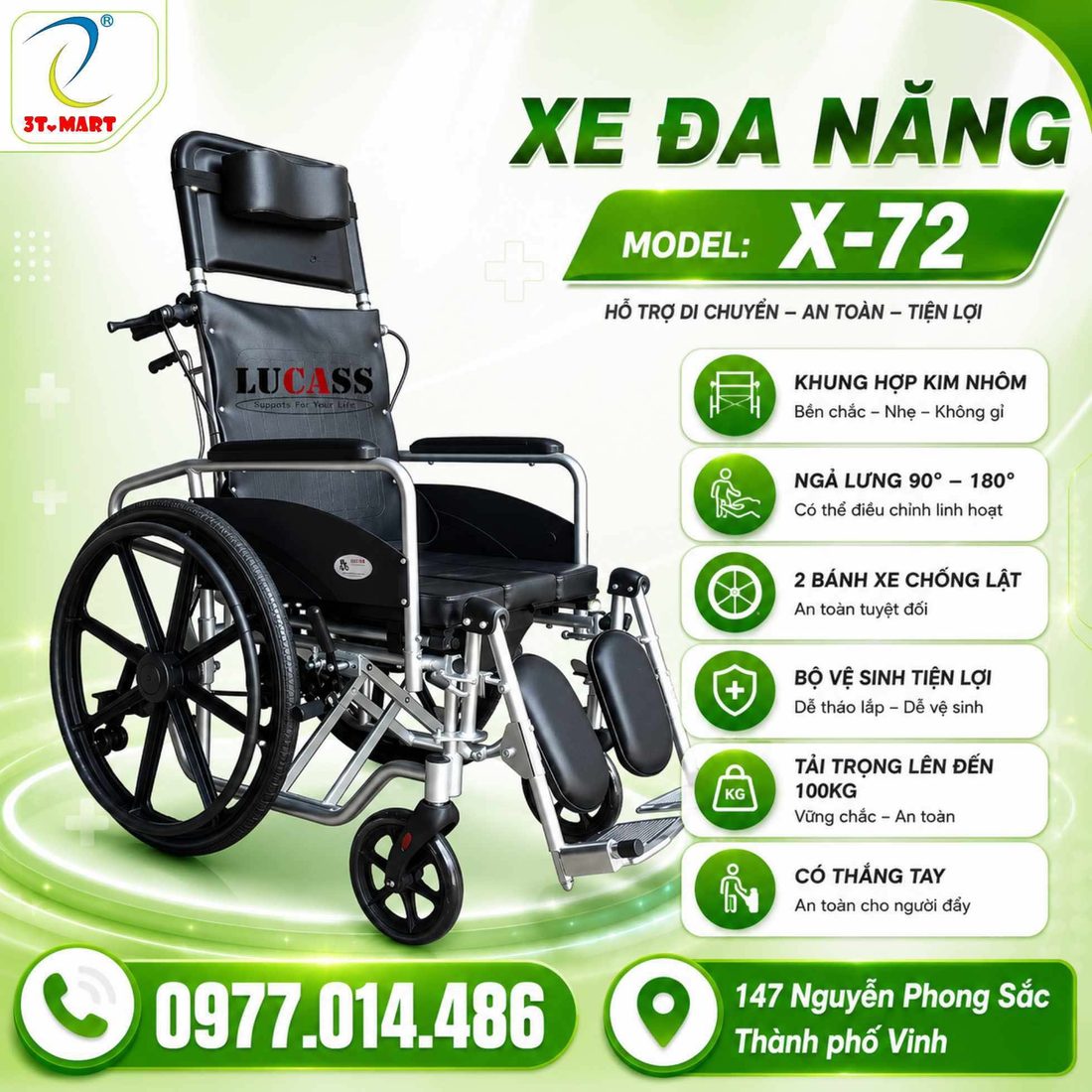 Xe lăn đa năng Lucass X-72 tại 3T Mart: khung hợp kim nhôm, ngả lưng 90-180 độ, 2 bánh chống lật, thắng tay